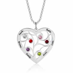 Birthstone Heart Necklace For Mom Grandma Silver