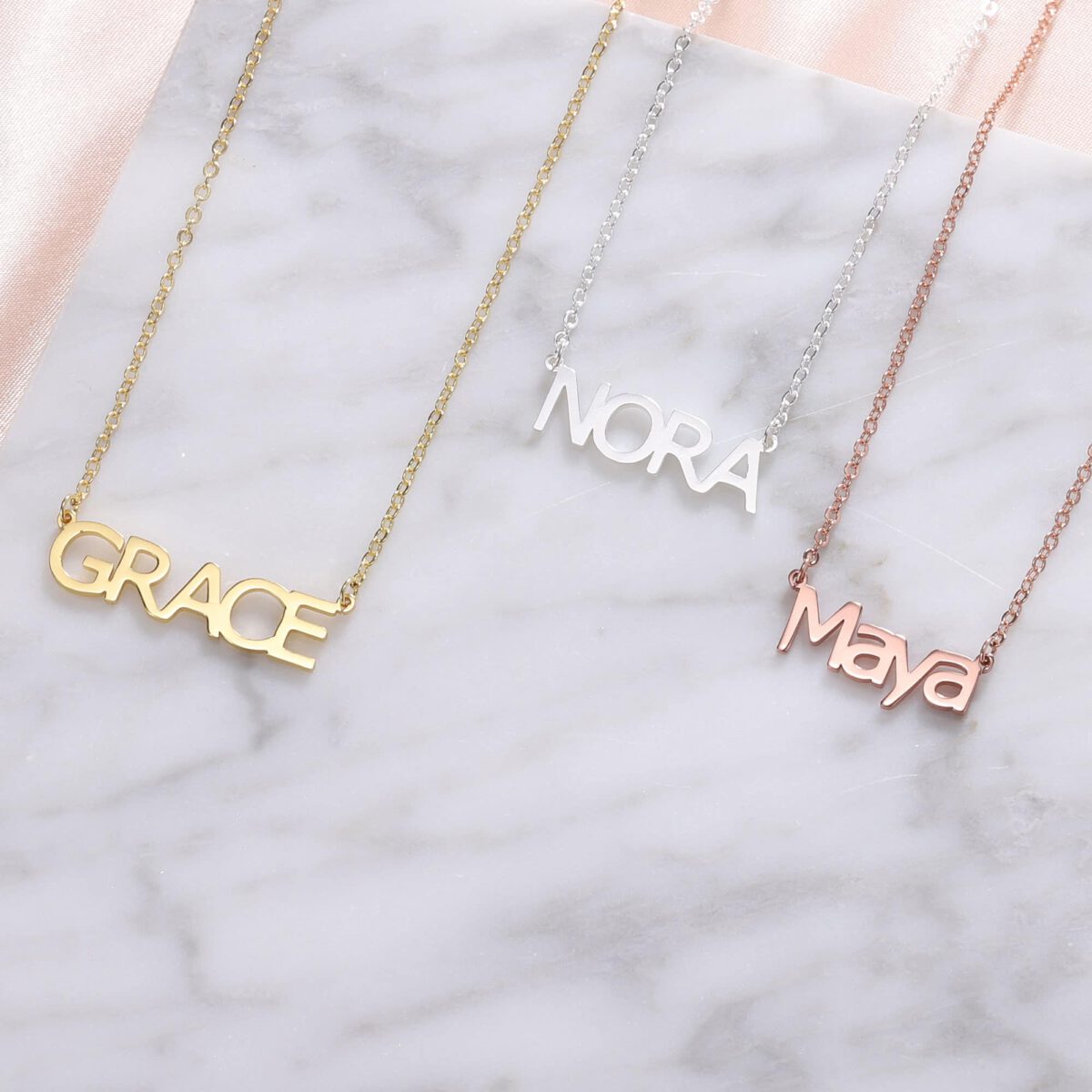 Block Name Necklace Silver Gold Rose Gold