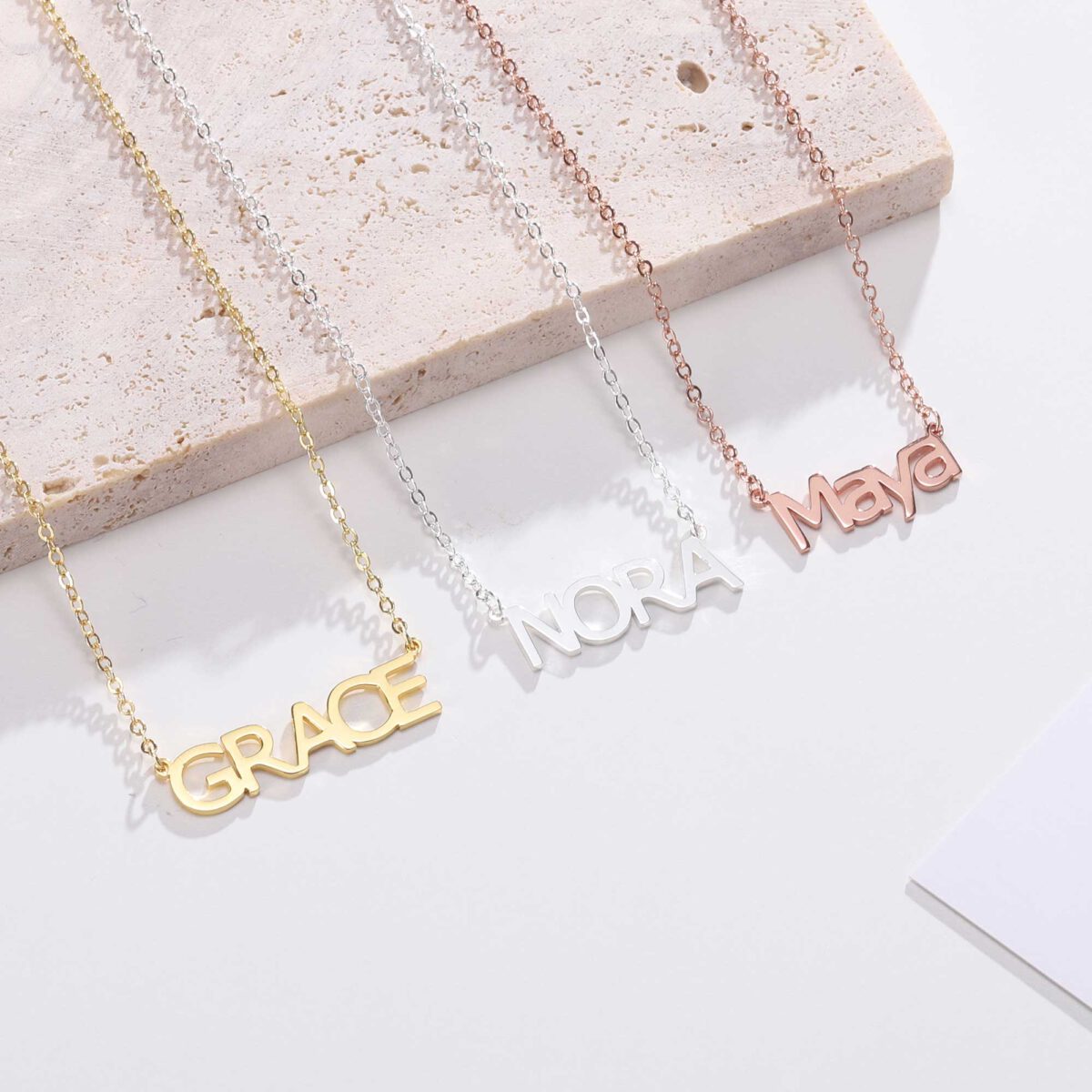 Block Name Necklace Silver Gold Rose Gold