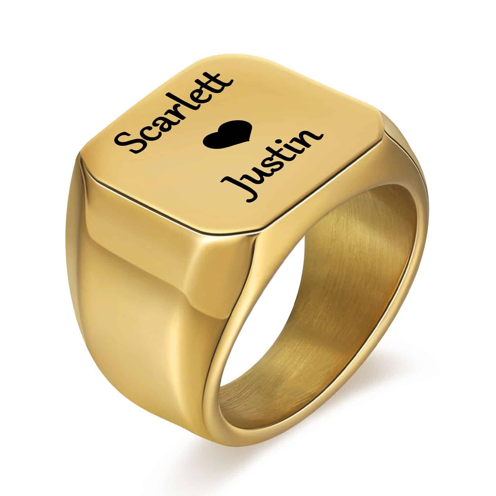 Engraved Cube Signet Ring Gold Personalized Women Men