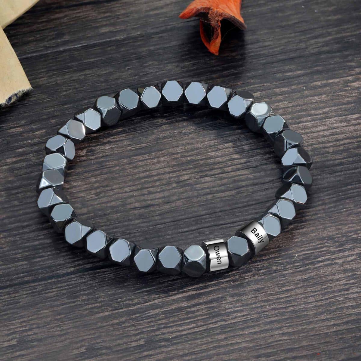 Engraved Mens Hematite Bracelet With Names For Dad