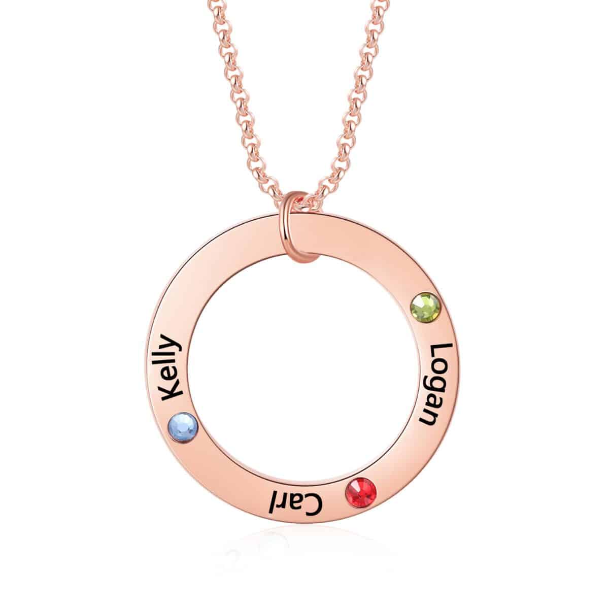 Family Birthstone Necklace Disk Shape Engraved Names