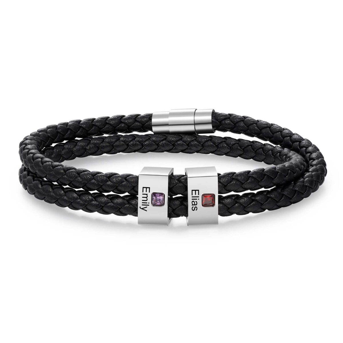 Men Leather Bracelet Black with Birthstones