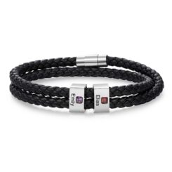 Men Leather Bracelet Black with Birthstones