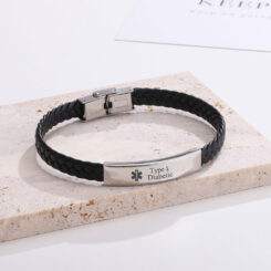 Personalised Black Leather Diabetic Bracelet Medical Condition Bracelet