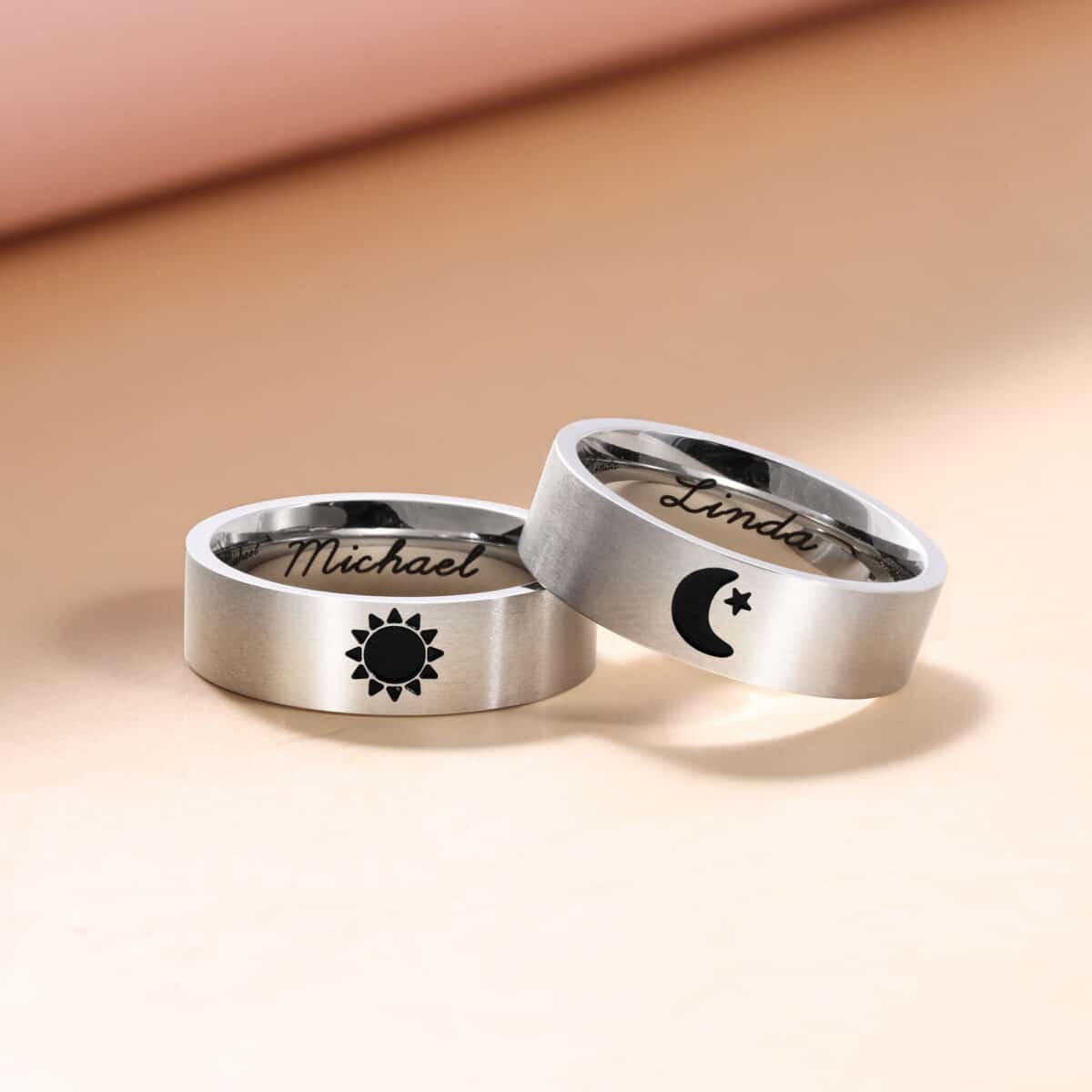 Personalized Sun Moon Matching Rings Silver