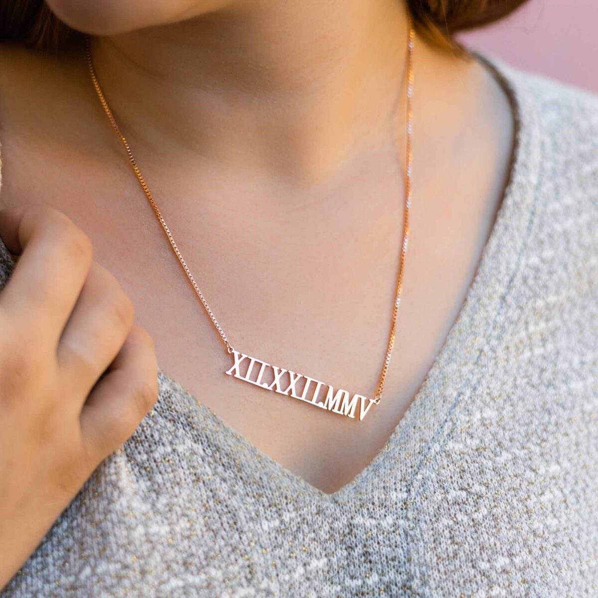 Roman Numeral Date Necklace Cut Out Rose Gold