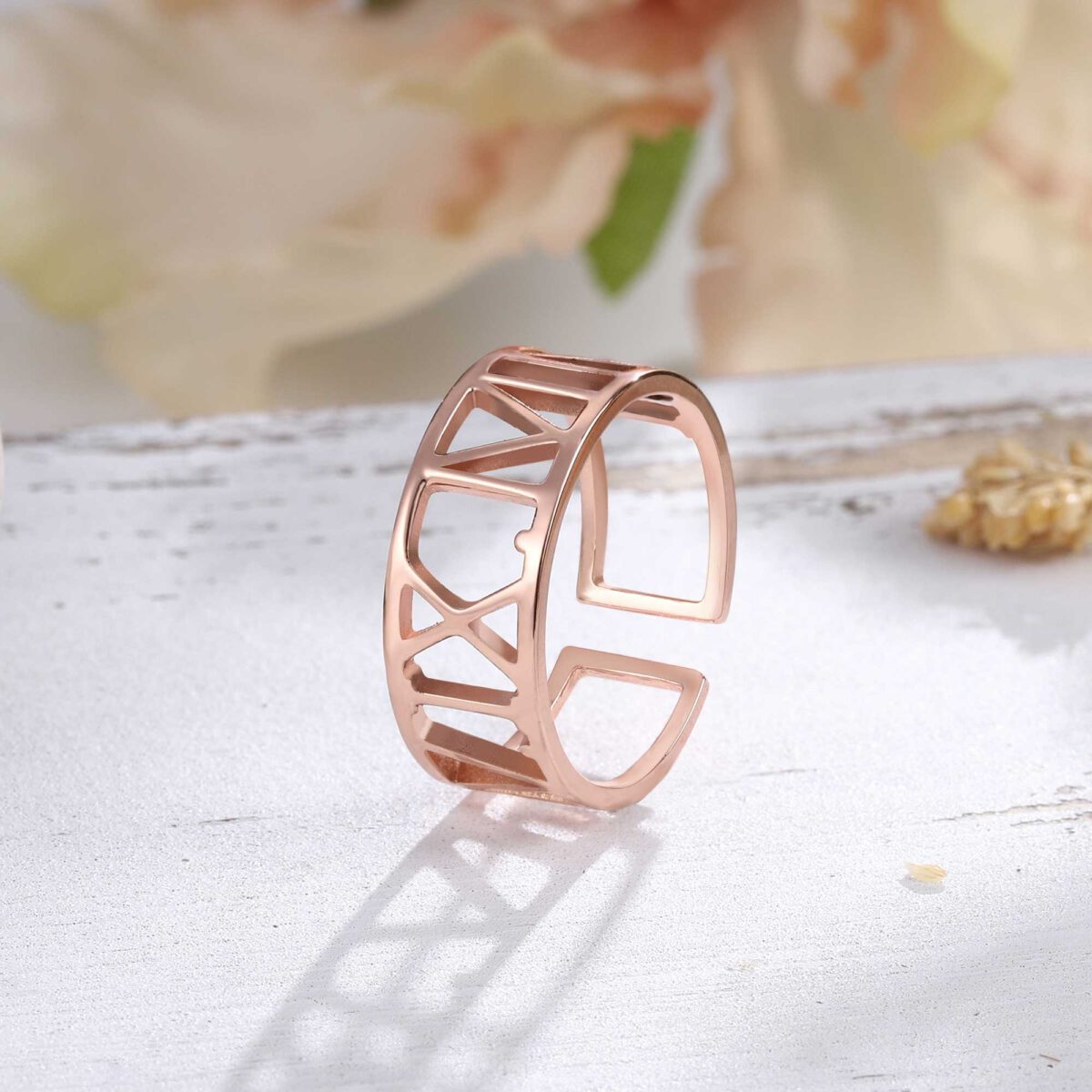 Roman Numeral Date Rose Gold Name Ring Adjustable