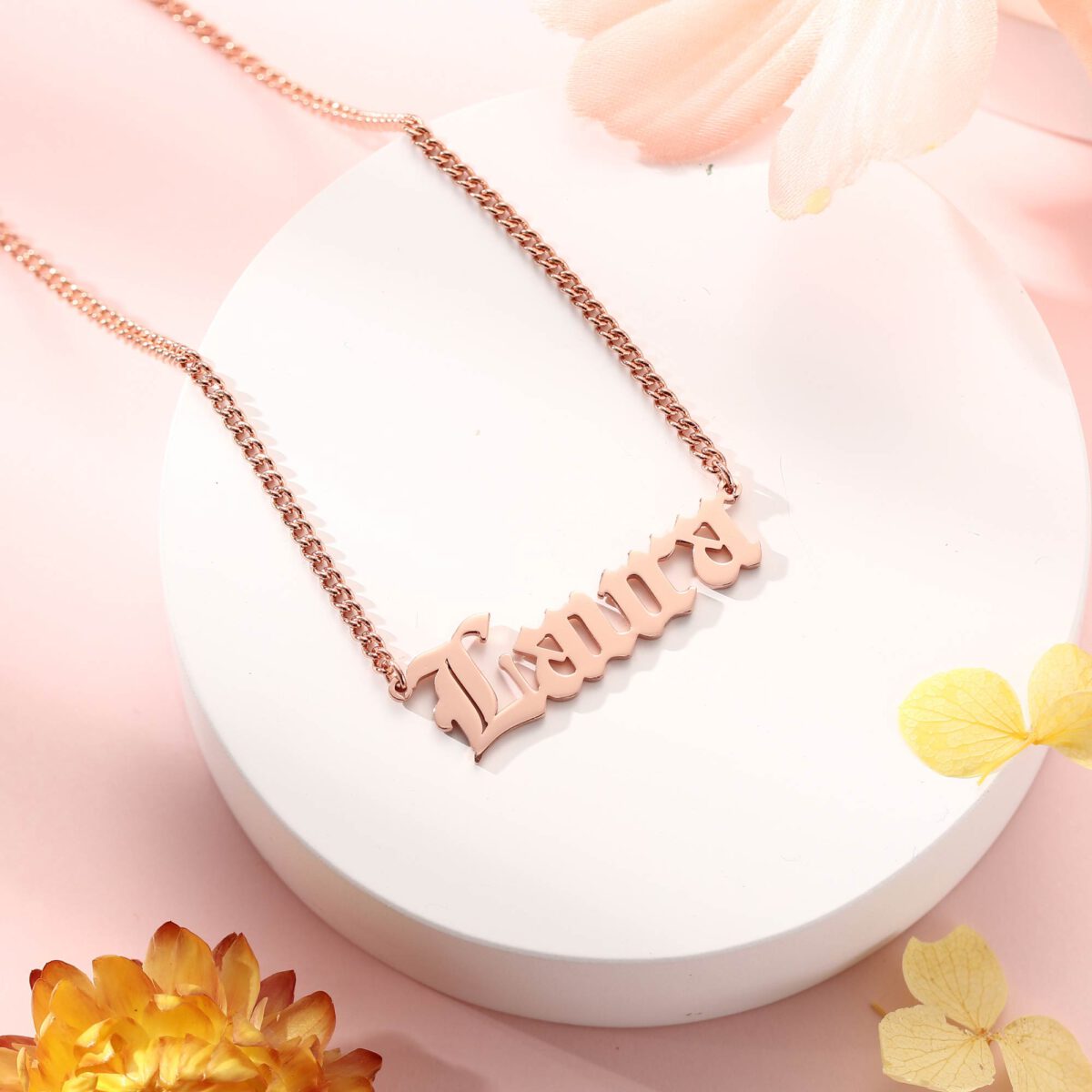 Rose Gold Old English Name Necklace With Curb Chain