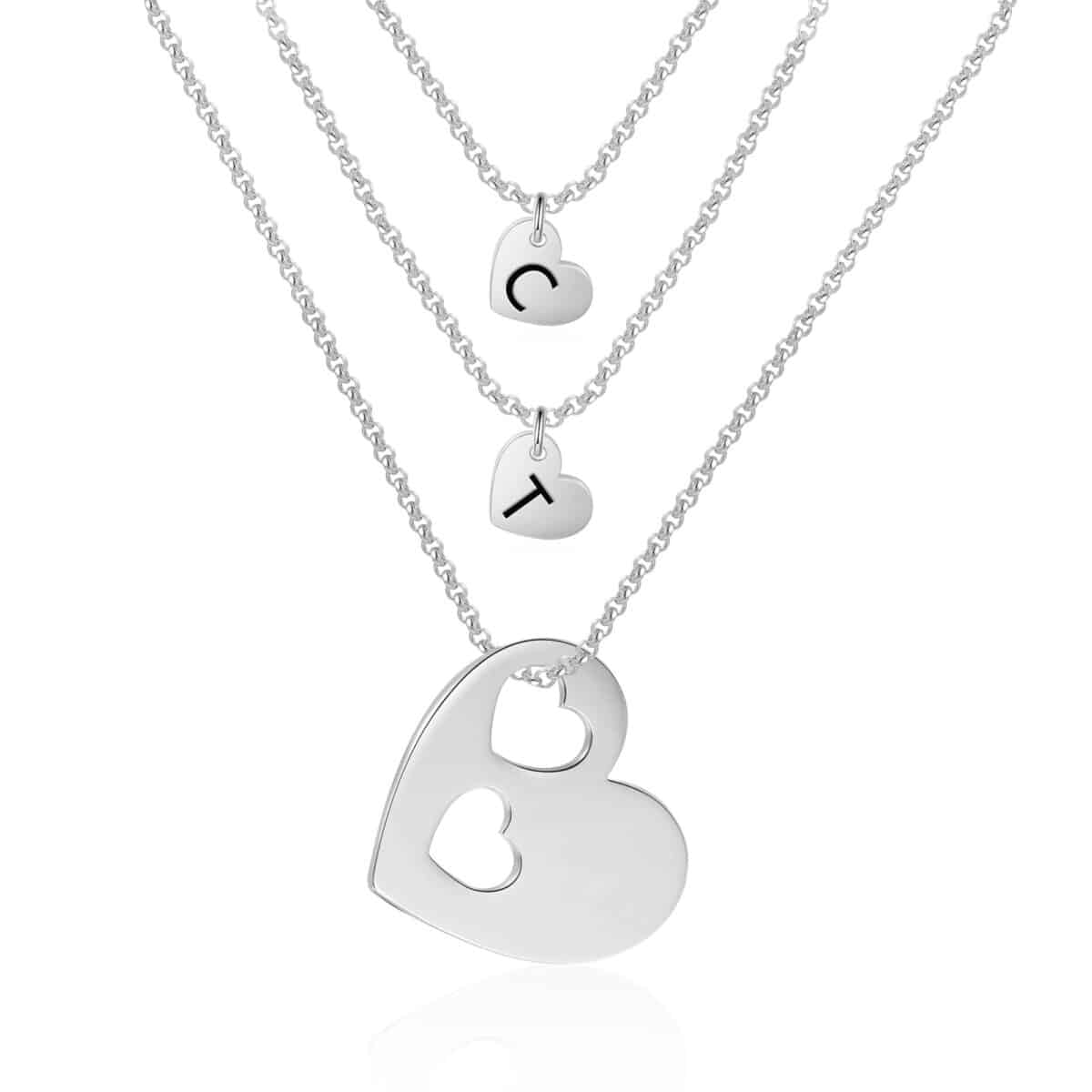 Silver Mother And Daughter Necklace Set With Two Hearts